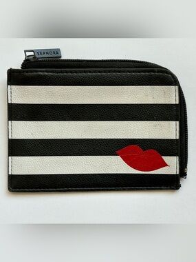 Preowned Sephora Striped Cosmetic Pouch Red Lip Women Pouch Visible Stains